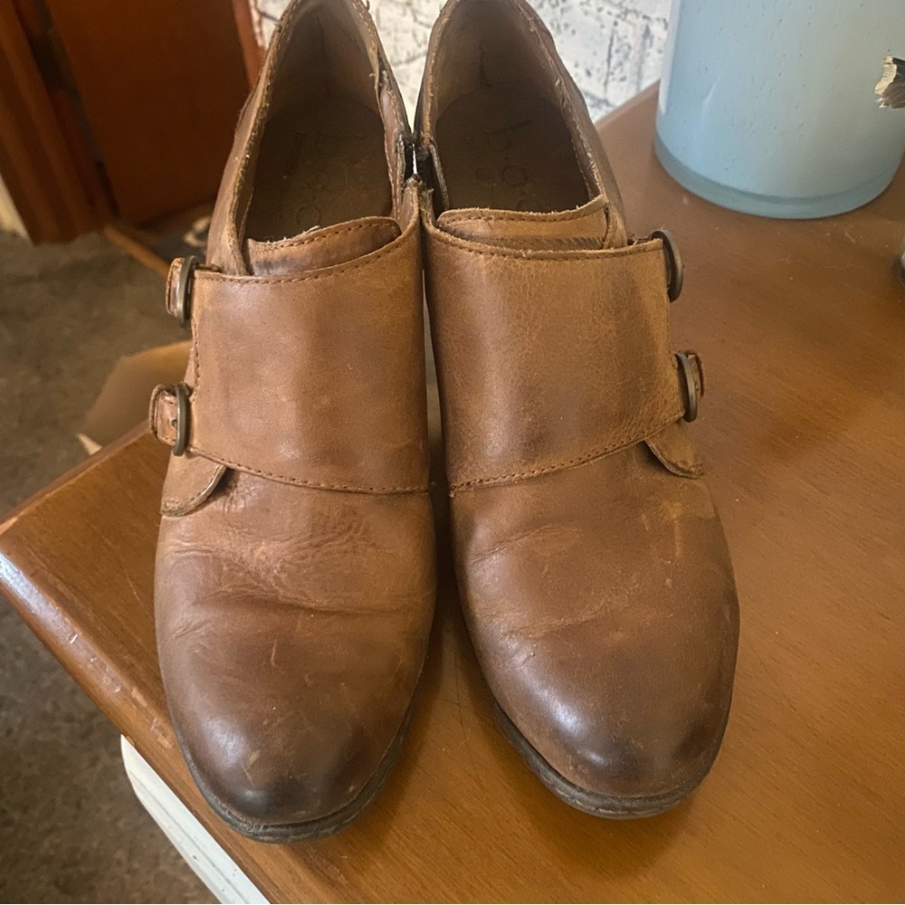 b.o.c. Women's Brown Leather Ankle Booties with Double Buckle Strap